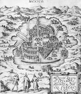 Meksikon kartta, Georg Braunin (1541-1622) ja Frans Hogenbergin (1535-90) kuvitus "Civitates Orbis Terrarumista" n. 1572