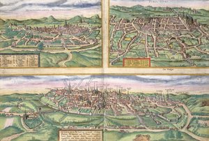 Montpellierin, Toursin ja Poitiersin kartta Georg Braunin (1541-1622) ja Frans Hogenbergin (1535-90) Civitates Orbis Terrarumista, n. 1572