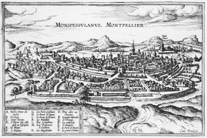 Montpellierin kartta, Georg Braunin (1541-1622) ja Frans Hogenbergin (1535-90) teoksesta Civitates Orbis Terrarum, Bryssel, 1574 (katso myös 121038)