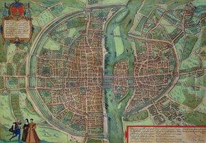 Pariisin kartta, Georg Braunin (1541-1622) ja Frans Hogenbergin (1535-90) Civitates Orbis Terrarum -teoksesta, n. 1572 (värikaiverrus)