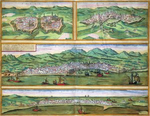 Parman, Sienan, Palermon ja Trapanin kartta Georg Braunin (1541-1622) ja Frans Hogenbergin (1535-90) "Maailman kaupungeista" n. 1572