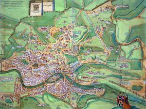 Georg Braunin (1541-1622) ja Frans Hogenbergin (1535-90) "Civitates Orbis Terrarum" -teoksesta peräisin oleva Rooman kartta, 1570.