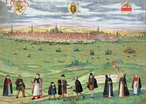 Rostockin kartta, Georg Braunin (1541-1622) ja Frans Hogenbergin (1535-90) Civitates Orbis Terrarumista c.1572-1617