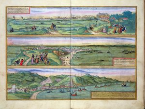 Sevillan, Cádizin ja Malagan kartta Georg Braunin (1541-1622) ja Frans Hogenbergin (1535-90) Civitates Orbis Terrarumista, n. 1572