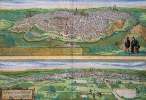 Toledon ja Valladolidin kartta, Georg Braunin (1541-1622) ja Frans Hogenbergin (1535-90) Civitates Orbis Terrarum -teoksesta, n. 1572