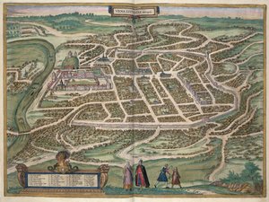 Liettuan Vilnan kartta Georg Braunin (1541-1622) ja Frans Hogenbergin (1535-90) julkaisusta "Maailman kaupungit" c.1572-1617