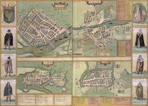 Galwayn, Dublinin, Limerickin ja Corkin kartat Georg Braunin (1541-1622) ja Frans Hogenbergin (1535-90) Civitates Orbis Terrarumista, n. 1573