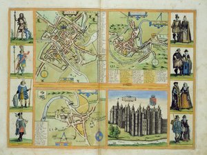 Yorkin, Shrewsburyn, Lancasterin ja Richmondin kartat Georg Braunin (1541-1622) ja Frans Hogenbergin (1535-90) Civitates Orbis Terrarumista n. 1572-1617