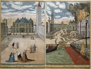 Näkymä San Marcoon ja palavaan Palazzo Ducaleen Georg Braunin (1541-1622) ja Frans Hogenbergin (1535-90) Civitates Orbis Terrarumista 1578 tekijältä Joris Hoefnagel