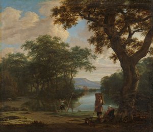 Maisema, jossa on kalastaja ja neliöverkko, noin 1645-1655 (öljy kankaalle) tekijältä Joris van der Haagen or Hagen
