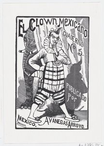 Klovni seisoo toinen käsi lantiolla ja norsu kurkistaa takaa..., n. 1880-1910. tekijältä José Guadalupe Posada