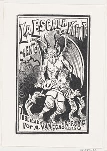 Demoni pitelee nuorta poikaa olkapäillään korppikotkaryhmän päällä, kuvitus..., n. 1880-1910. tekijältä José Guadalupe Posada