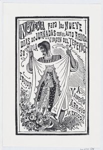 Mies pitelee ylhäällä kangaspalaa, jossa on Neitsyt kuva, kuva ..., n. 1880-1910. tekijältä José Guadalupe Posada