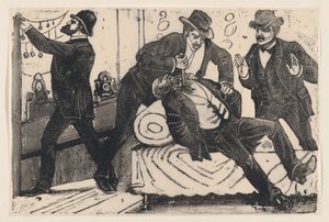 Mies puukotti toista miestä rintaan, kun hänen työtoverinsa ryöstävät kauppaa..., noin. 1890-1891. tekijältä José Guadalupe Posada