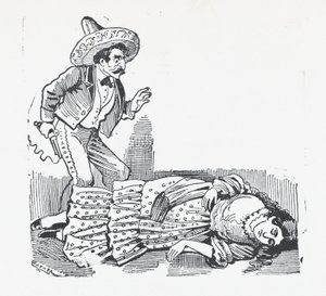 Mies aseella seisomassa naisen päällä, jonka hän on juuri ampunut, n. 1880-1910, n. 1880-1910. tekijältä José Guadalupe Posada