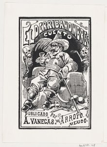Mies, jolla on aseet ja piippu suussa, jota reunustavat kaksi luurankoa, kuva..., n. 1880-1910. tekijältä José Guadalupe Posada