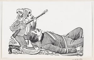 Vallankumouksellinen pitelee kivääriä ja polvistuu suojellakseen kaatunutta vallankumouksellista, c..., n. 1880-1910. tekijältä José Guadalupe Posada