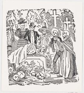Luuranko peitetty lakanalla, joka itkee hautausmaalla, leveästä kyljestä otsikolla "..., n. 1880-1910. tekijältä José Guadalupe Posada