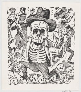 Luuranko pitelee luuta ja hyppää kallokasan yli, kun ihmiset pakenevat, fr..., n. 1907. tekijältä José Guadalupe Posada