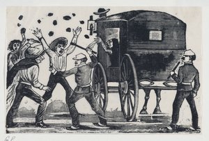 Miehet taistelevat hevosen ja vaunujen lähellä, n. 1900-1910, n. 1900-1910. tekijältä José Guadalupe Posada