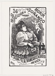 Profiili naisesta, joka istuu tuolissa pää takana ja kädessään kukka, il..., ca. 1890. tekijältä José Guadalupe Posada