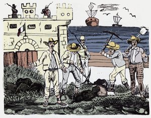 Meksikon vallankumous (1910-1920): Vankien ryhmät pakkotyössä - Jose Guadalupe Posada (1852-1913) ksylografia tekijältä José Guadalupe Posada