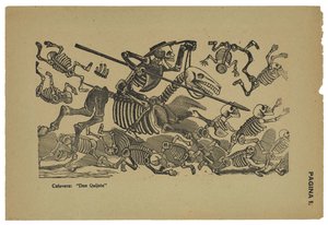 Don Quijoten pääkallot, n. 1910-1913, painettu 1943 (valokuvareliefi-etsaus kaiverruksella) tekijältä José Guadalupe Posada