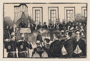 Tomas Hernandez Aguirren murhaajien oikeudenkäynti laajalta puolelta nimeltä "E..., ca. 1890-1891. tekijältä José Guadalupe Posada