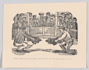 Kaksi miestä areenalla kukot pitelemässä taistelua valmistautumassa, n. 1890-1910, uusintapainos 1964. tekijältä José Guadalupe Posada