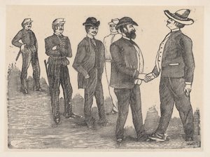 Kaksi miestä kättelemässä etualalla ja upseerit katsomassa heitä taustalla..., n. 1880-1910. tekijältä José Guadalupe Posada