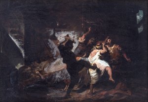 Scene extraite de Don Quichotte de Cervantes - kohtaus Don Quijote de la Manchasta, kirjoittanut M. de Cervantes, kirjoittanut Jimenez Aranda, Jose (1837-1903). öljy kankaalle