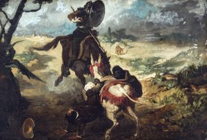 Scene extraite de Don Quichotte de Cervantes - kohtaus Don Quijote de la Manchasta, kirjoittanut M. de Cervantes, kirjoittanut Jimenez Aranda, Jose (1837-1903). öljy kankaalle