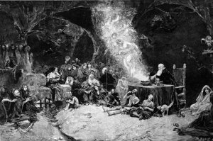 Sapattikohtaus, velho johtaa seremoniaa kutsuen olentoja maagiseen pataan. Noidat saapuvat paikalle. Jose Benlliure y Gilin (1855-1937) piirroksesta