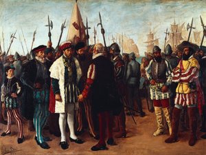 "Ranskan kuningas Francois I (1494-1547) Valencian satamassa" 1800-luku (maalaus) tekijältä Jose Bru Albinana