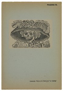 Calavera de la Catrina, n. 1910, painettu 1943 (valokuvareliefi etsaus kaiverruksella) tekijältä José Guadalupe Posada