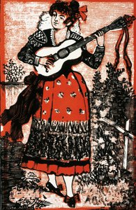 Kansi laulukirjasta, joka esittää meksikolaista naista kitaran kanssa. Kaiverrus Jose Guadalupe POSADA (1852-1913). Kaiverrus tekijältä José Guadalupe Posada
