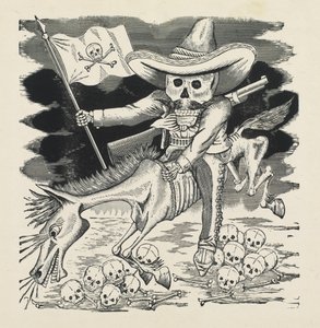 Emiliano Zapatan suuri pääkallo, n. 1911–1916, painettu 1930 (valokuvareliefi-etsaus kaiverruksella) tekijältä José Guadalupe Posada