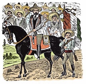 Meksikon vallankumous (1910-1920): Francisco Indalecio Maderon (1873-1913) muotokuva Meksikon vallankumouksellisesta. Jose Guadalupe Innin (1852-1913) ksylografia.