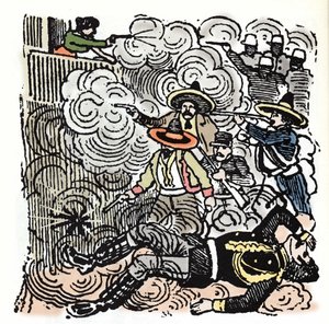Meksikon vallankumous (1910-1920): hyökkäys Aquiles Serdanin (1876-1910) taloon. Ksylografia Jose Guadalupe Posada (1852-1913).