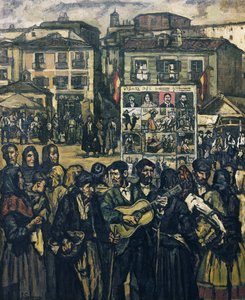 GUTIERREZ SOLANA, Jose (1886-1945). El cartel del crimen (El musico ciego) - rikoskartelli (sokea muusikko). n. 1920. (78 x 64 cm). Öljy kankaalle. Yksityiskokoelma. tekijältä Jose Gutierrez Solana