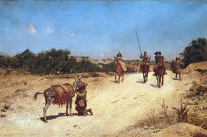 Sancho Panzan ja hänen aasinsa Rucion tapaaminen, Don Quijoten kuvitus, n. 1878 (öljy kankaalle) tekijältä Jose Moreno Carbonero