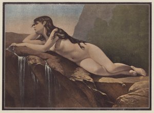 Nainen makaa kivellä (väri litho) tekijältä Jose Nicolas Aussandron
