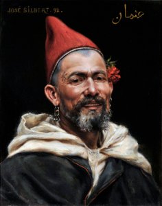 Marokon pää Muotokuva miehestä, jolla on lävistetyt korvat ja punainen hattu, kukka korvassa ja tatuointi temppelissä 1892 (maalaus) tekijältä Jose Silbert