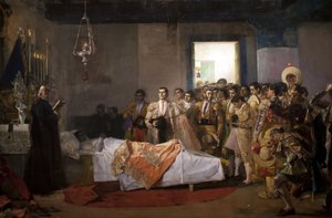 Mestarin kuolema. Jose Villegas Corderon (1844-1921) maalaus, öljy kankaalle, noin 1913. Museum of Fine Arts Sevillassa, Espanjassa.
