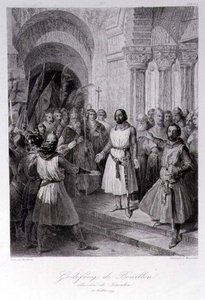 Godfrey of Bouillon (n. 1060-1100) Jerusalemin kuninkaaksi valittu, Leopold Massardin (1812-89) kaiverrus (kaiverrus) tekijältä Jose de (after) Madrazo y Garreta