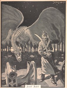 Piirustus runoon "Like Night". Lohikäärme, jota tuottaa tehtaiden savu, saksalaisen sotilaan takana. Surrealistinen kohtaus. tekijältä Josef Benedikt engl