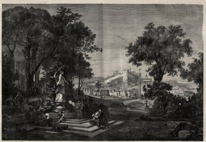 Muinainen Kreikka: näkymä Venus a Athenen puutarhaan. Kaiverrus Joseph Hoffmannin maalauksen jälkeen teoksessa "The Illustrous Universe" tekijältä Josef Hoffman