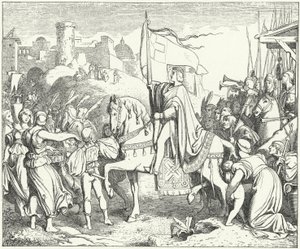 Pyhän Rooman keisari Fredrik II saapumassa Jerusalemiin, kuudes ristiretki tekijältä Josef Mathias (after) Trenkwald