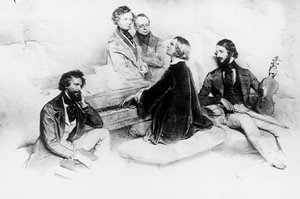 Matinee Lisztin kotona, vasemmalta oikealle, Kriehuber, säveltäjä Hector Berlioz (1803-1869), Carl Czerny (1791-1857) Lisztin opettaja, Franz Liszt (1811-1866) ja viulisti Heinrich Wilhelm Ernst (1840-1865), Lisztin Kirjailija: Josef Kriehuber (1800-1876)