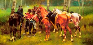 ""Ryhmä husaareja ja hevosia metsässä"" Josep Cusachs i Cusachsin (1851-1908) maalaus. 1905. tekijältä Josep Cusachs y Cusachs
